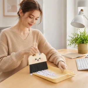 Cream desktop cleaning brush used in bright home office scene