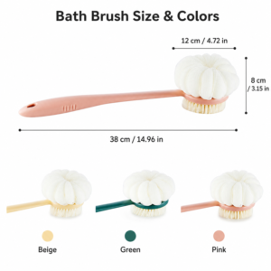 Bath brush size and color options in pink green and beige