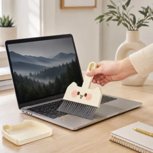 Desktop brush sweeping paper scraps into cream dustpan on desk