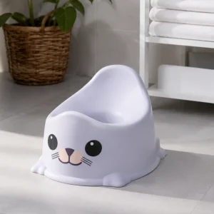 Blue cartoon potty chair placed in bathroom scene
