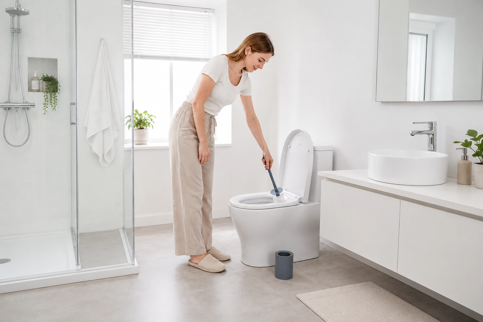 Long-handle toilet brush used in a modern bathroom cleaning scene