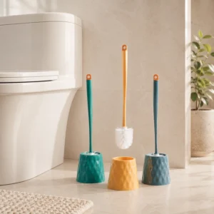 Colorful toilet brush holders beside toilet in bathroom