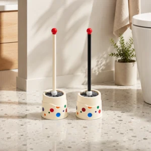 Cream and black dopamine toilet brush set in bathroom