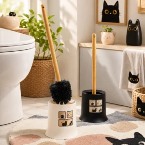 Cream and black retro cat toilet brush set in bathroom