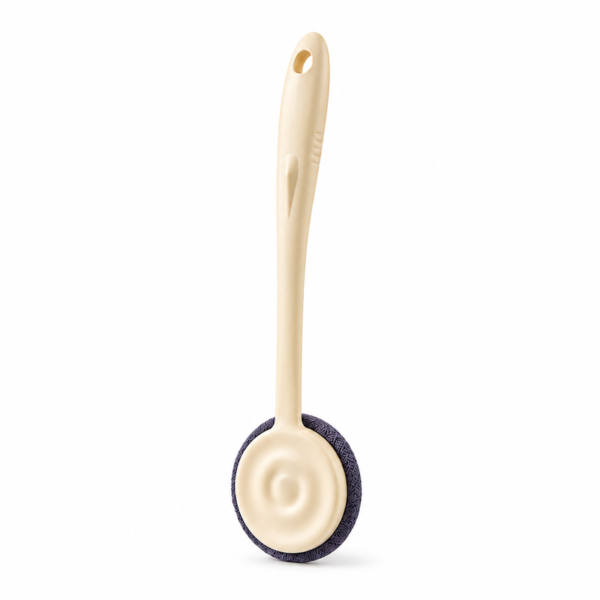 Cream long handle soft bath brush on white background