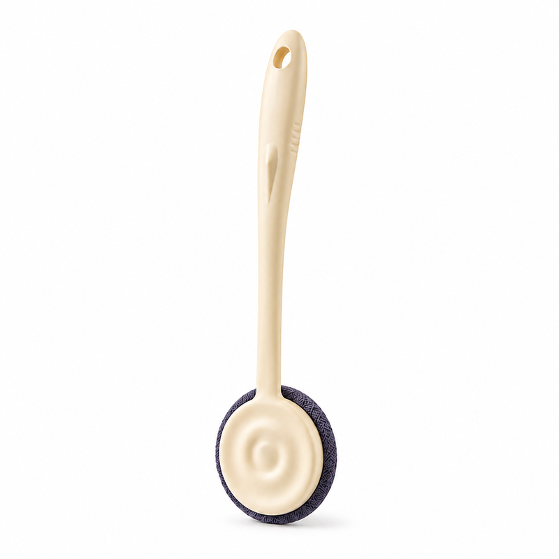 Cream long handle soft bath brush on white background