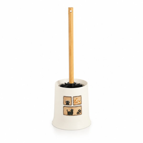 Cream retro cat toilet brush holder with long handle
