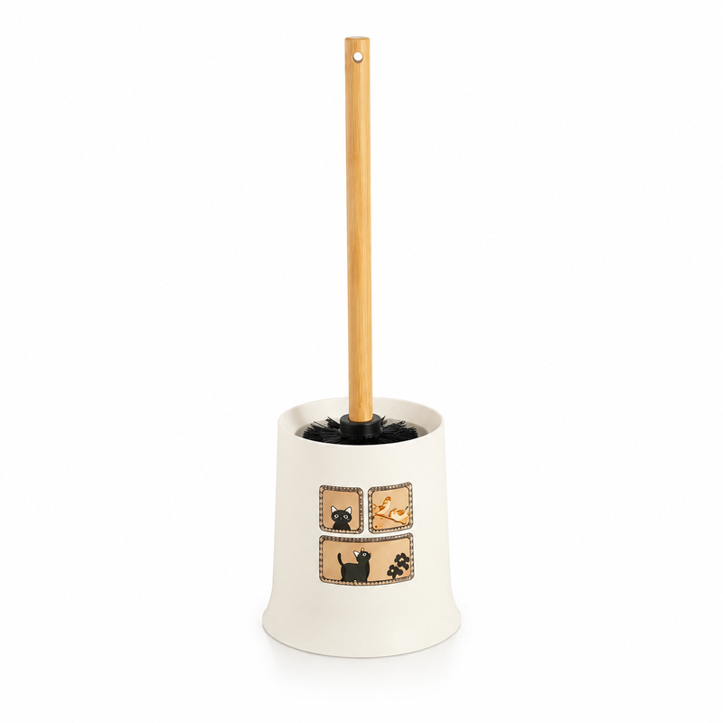 Cream retro cat toilet brush holder with long handle
