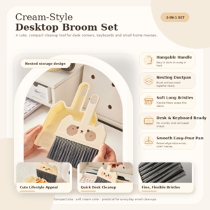 Cream desktop dustpan brush set with nested storage structure