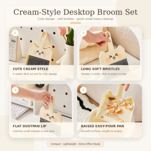 Cute face detail on desktop dustpan brush for office cleaning
