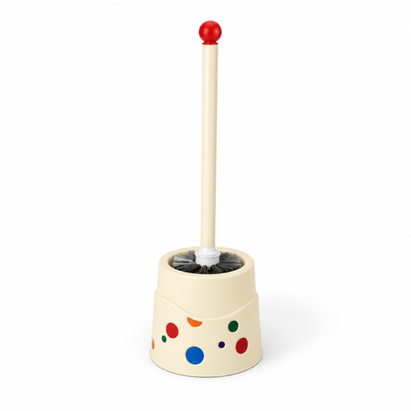 Colorful toilet brush with holder featuring a cream handle and multicolored dot design