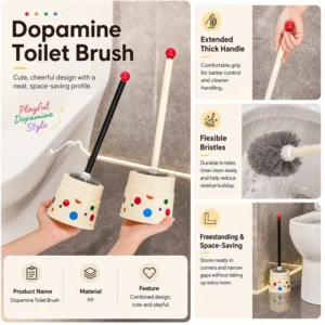 Dopamine toilet brush product details with extended handle and flexible bristles