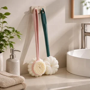 Dual sided long handle bath brush hanging in bathroom storage