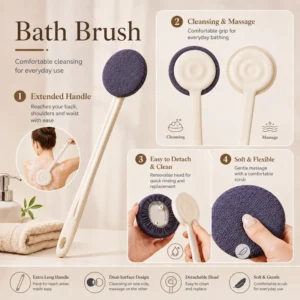 Dual surface long handle bath brush with detachable head