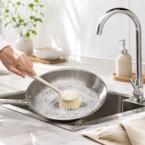 Long handle dish brush cleaning frying pan in kitchen sink