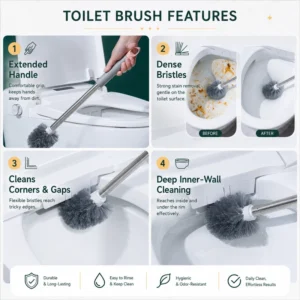 Toilet brush features showing extended handle, dense bristles, and deep cleaning use