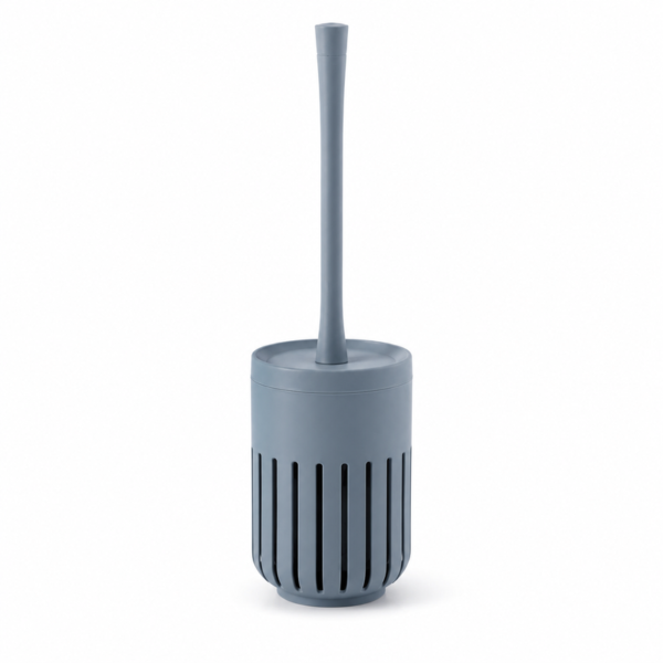 Gray blue toilet brush with ventilated holder on white background
