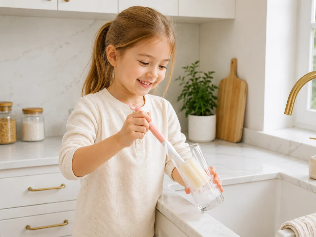 Child cleaning a cup with a pink bottle brush in a kitchen