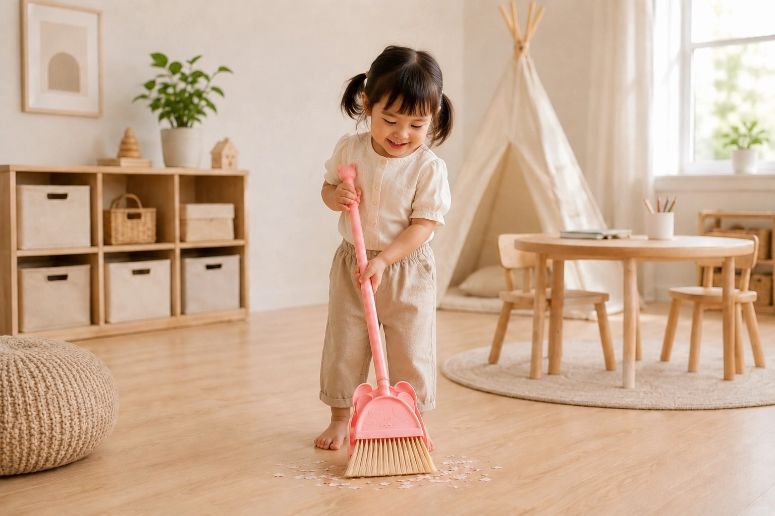 Child using pink broom and dustpan set in playroom