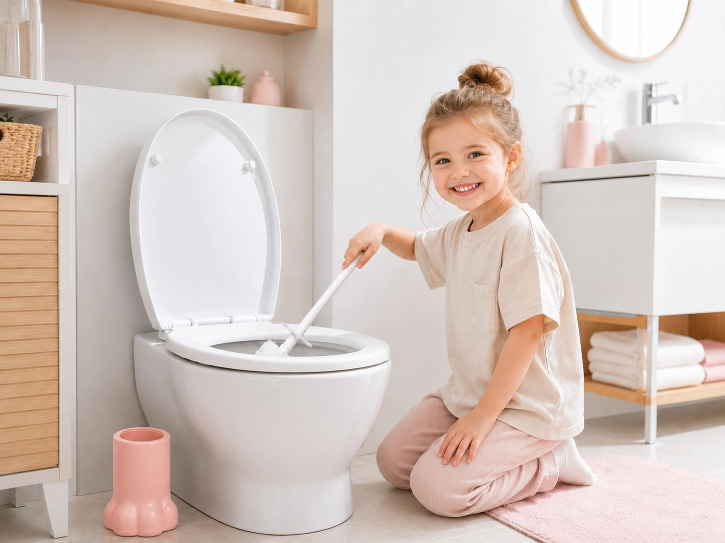 Child using pink toilet brush in bathroom