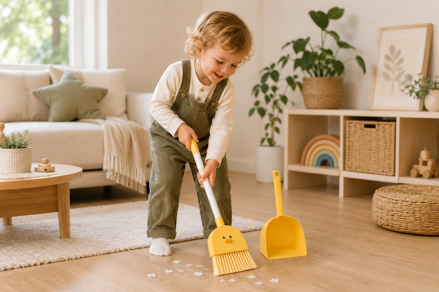 Yellow duck kids broom and dustpan set for playroom cleaning
