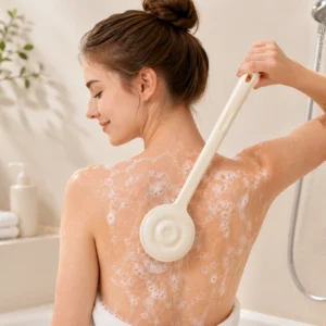 Long handle bath brush for back cleansing in shower