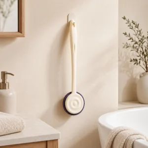 Long handle bath brush hanging on bathroom wall