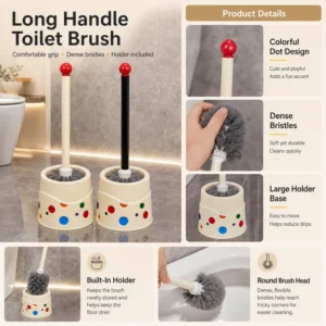 Long handle dopamine toilet brush with colorful dot holder and dense bristles