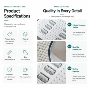 Product detail layout showing textured massage rollers and non-slip pads on a foot massage roller step