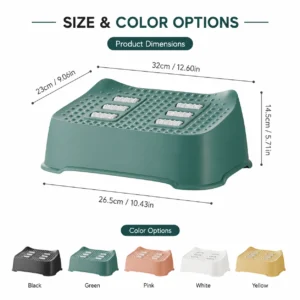 Foot massage roller step size and color options with product dimensions and pastel color choices