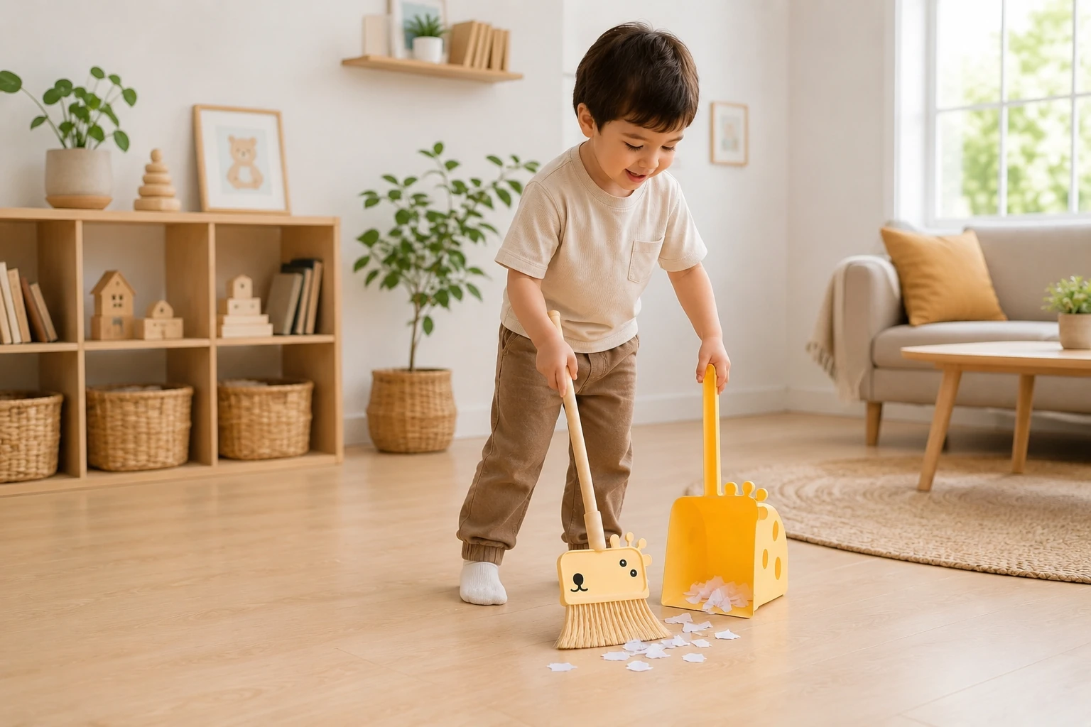 Giraffe kids broom used in a child-friendly cleaning tools collection for playful routine activities