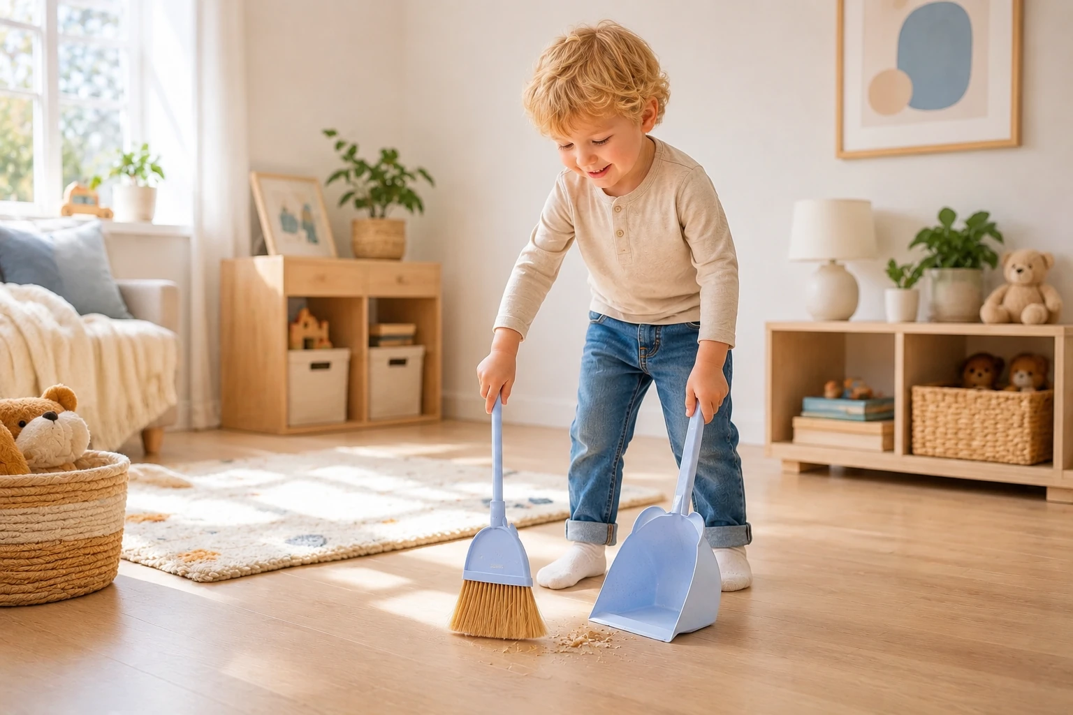 Kids broom and dustpan set for supervised playroom clean-up and pretend cleaning activities