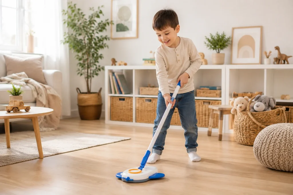 Child using a kids mop to clean the floor in a bright Scandinavian playroom