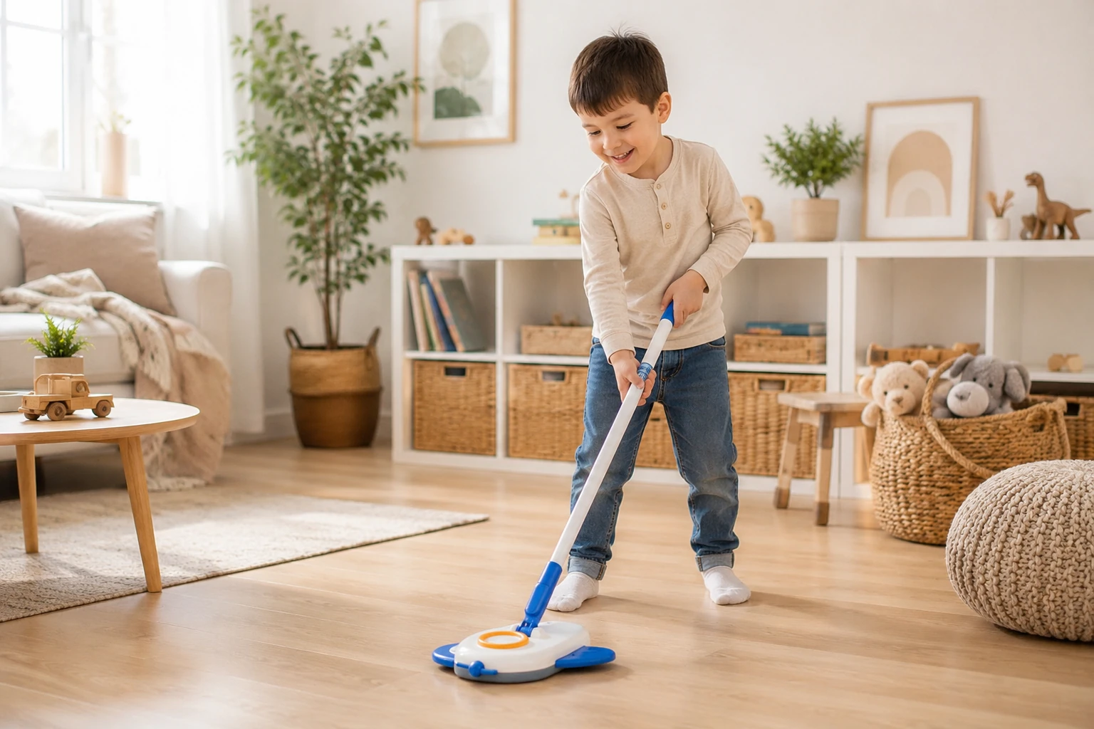 Child using a kids mop in a bright playroom for supervised pretend cleaning and routine participation