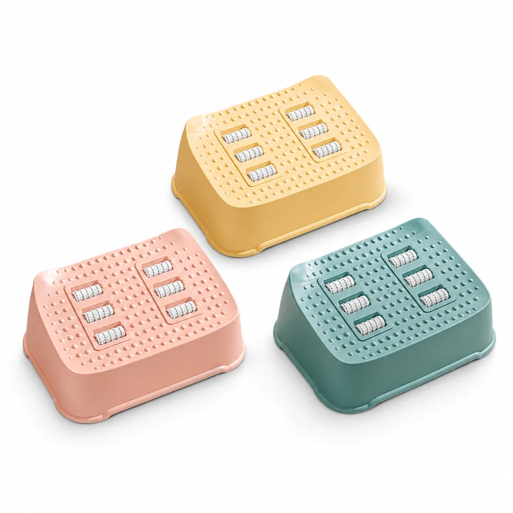 Foot massage roller step size and color options with product dimensions and pastel color choices