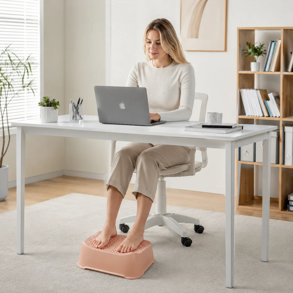Woman using a pink foot massage roller step under a desk while working on a laptop