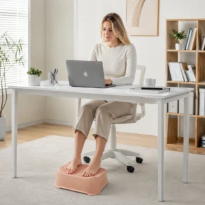 Woman using a pink foot massage roller step under a desk while working on a laptop