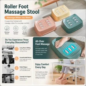 Woman using a pink foot massage roller step under a desk while working on a laptop