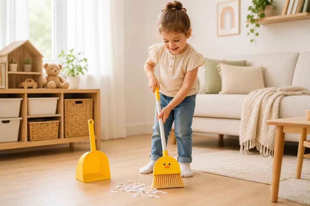 Child using a yellow kids broom and dustpan set to sweep paper scraps in a bright playroom