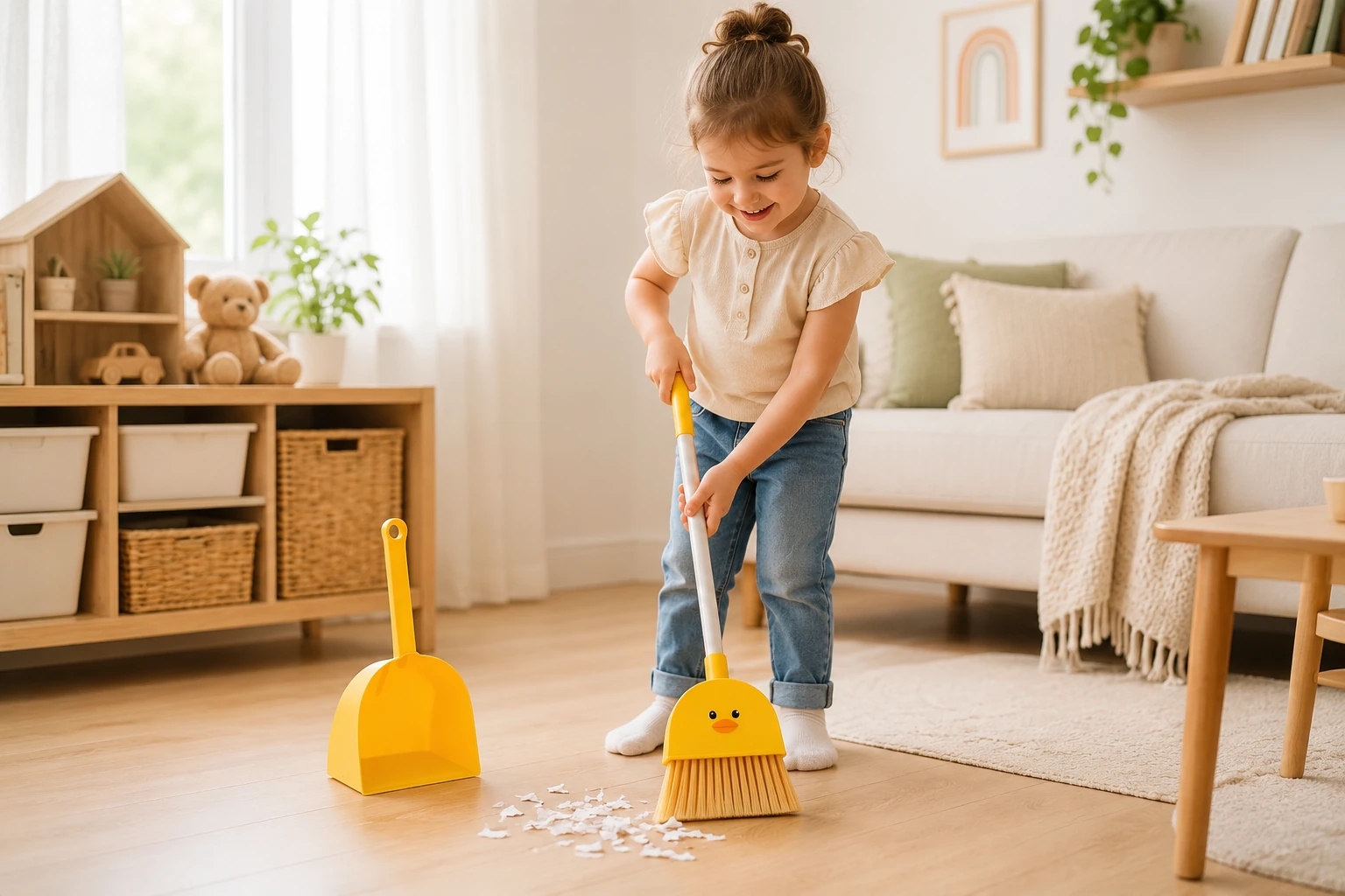 Kids cleaning tools for playroom routines with a yellow duck broom and dustpan set used during supervised pretend cleaning