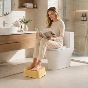 Woman resting her feet on a yellow foot massage roller step while sitting in a bathroom