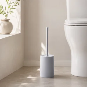 Modern toilet brush holder beside toilet in bathroom