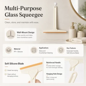Multi-purpose glass squeegee with wall-mount hanging design