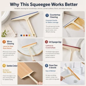Multi-purpose squeegee cleaning countertops mirrors curved surfaces and sinks