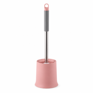 Pink freestanding toilet brush with soft handle and holder on white background