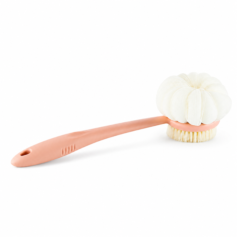 Pink two in one long handle bath brush with bath pouf and bristles