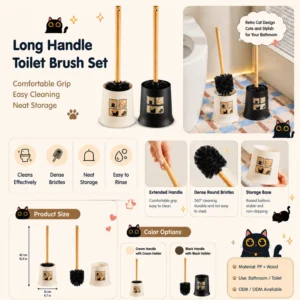 Retro cat long handle toilet brush set with cream and black holders