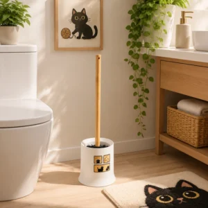 Retro cat toilet brush in cozy bathroom scene