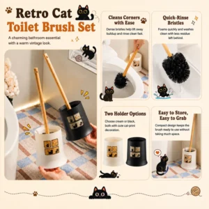 Retro cat toilet brush set with quick rinse bristles and two holder options