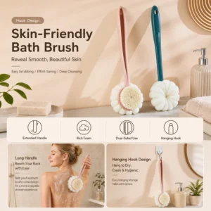 Skin-friendly bath brush with extended handle and hanging hook
